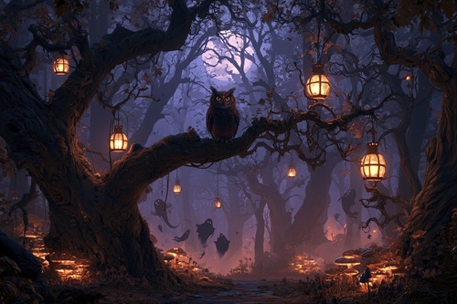 Eine Eule in einem Wald voller Laternen