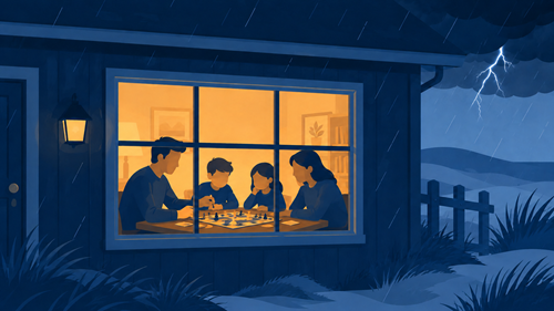 Blick durch ein Fenster auf eine spielende Familie
